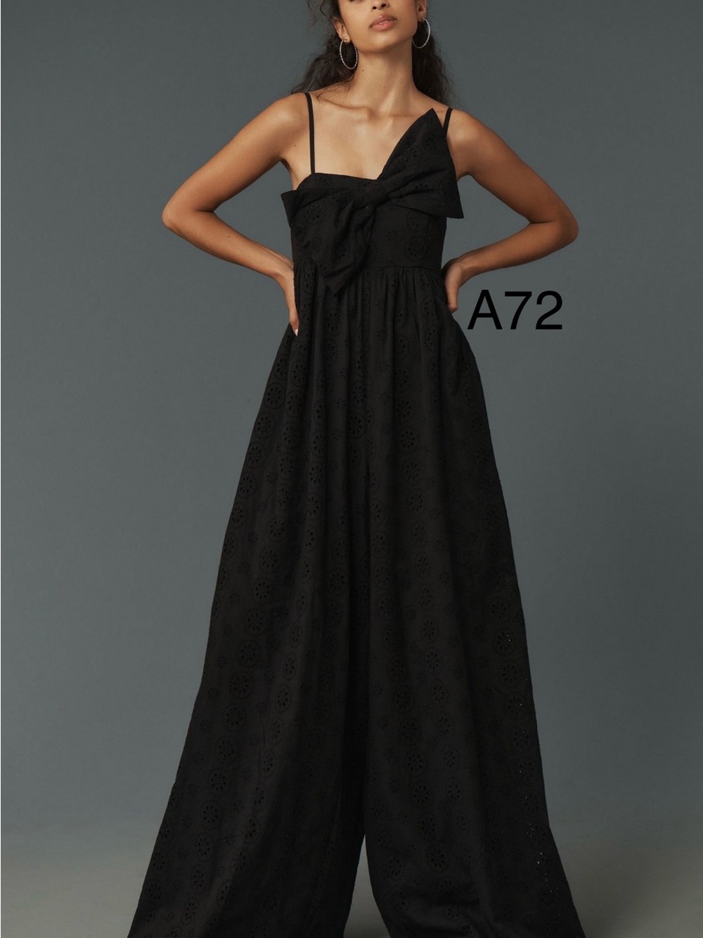 Anthropologie Black One-Shoulder Eyelet Jumpsuit with Bow